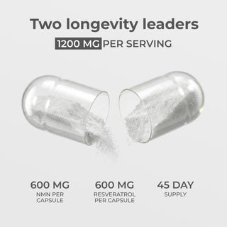 NAD + Resveratrol Capsules with 1200mg per serving, featuring NMN and Resveratrol, promoting longevity and cellular health.