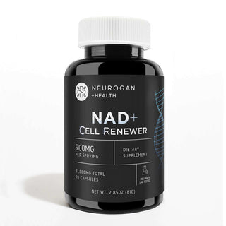 Neurogan NAD+ Cell Renewer 900 mg per serving, 81,000 mg total, 90 capsules, 2.85 oz, in a black-labeled bottle, vegan-friendly.