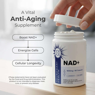 NAD+ Capsules for cellular energy, vitality, and anti-aging support, featuring 900mg per serving and 90 capsules.