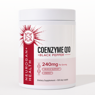 Angled front-view product shot of Neurogan Health Coenzyme Q10 + Black Pepper in a white tub with a red starburst label reading '240mg Per Serving' with '+MUSCLE SUPPORT' and '+ENERGY' badges and 'Dietary Supplement • 120 day supply' on a white background.