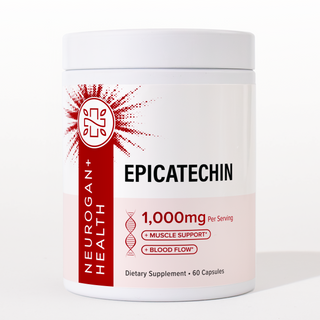 Angled front-view product shot of Neurogan Health Epicatechin in a white tub with a red starburst label reading '1,000mg Per Serving' with '+MUSCLE SUPPORT' and '+BLOOD FLOW' badges and 'Dietary Supplement • 60 Capsules' on a white background.