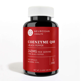 Neurogan Coenzyme Q10 Capsules with Black Pepper - 240 mg per serving, 120 capsules, red-labeled bottle, 68,400 mg total.