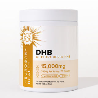 Front-view product shot of Neurogan Health DHB Dihydroberberine in a white tub with a gold starburst label reading '15,000mg', '250mg Per Serving | 60 Capsules' with '+METABOLISM' and '+ENERGY' badges and 'Dietary Supplement • 60 day supply, Net Wt. 0.53 oz (15 g)' on a white background.