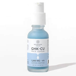 Neurogan Advanced GHK-Cu Neck & Face Serum in a blue-labeled 1 oz bottle, 1,200 mg total, with pump dispenser.