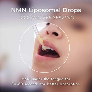 Dropper with NMN Liposomal Drops being placed under the tongue for 30-60 seconds for enhanced absorption.