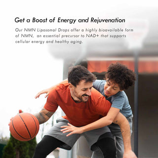 Father playing basketball with child, highlighting NMN Liposomal Drops for energy and healthy aging.