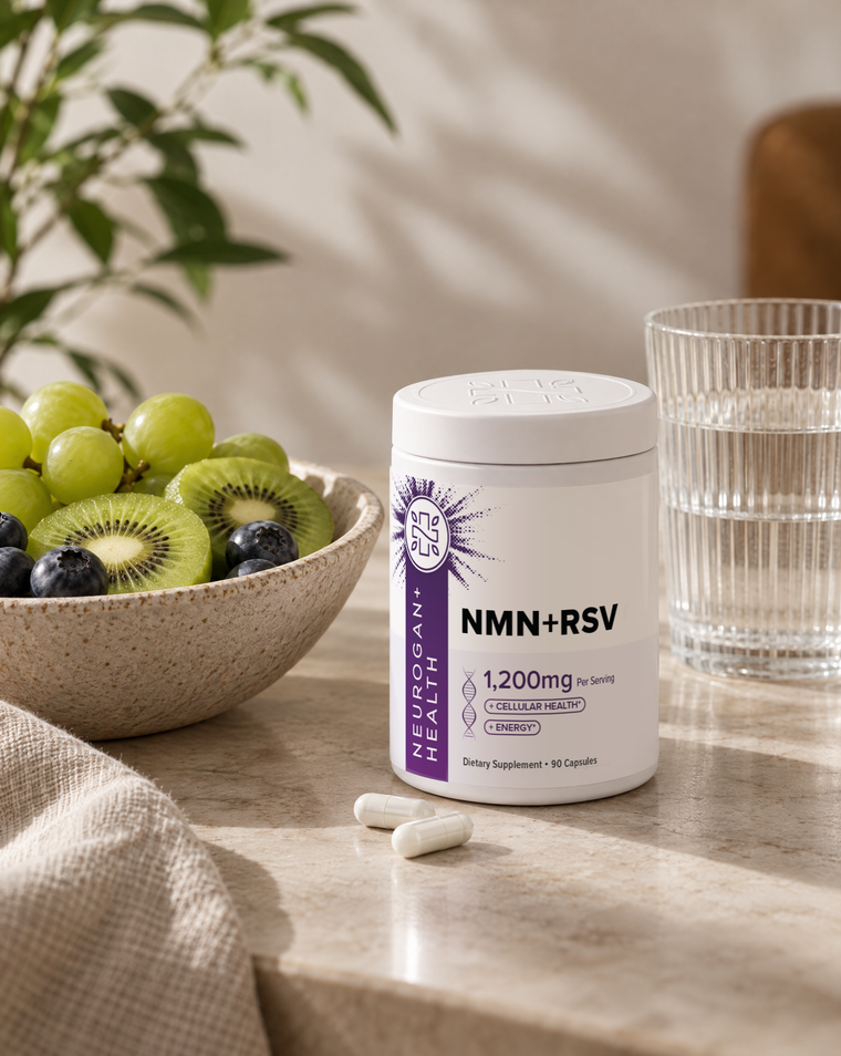 NMN + Resveratrol jar on a kitchen counter beside a glass of water and a bowl of fruit