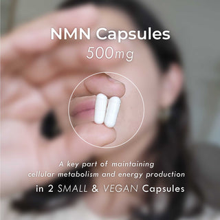 Two small, handheld, vegan-friendly white NMN capsules, 500mg per serving for cellular and energy support*.