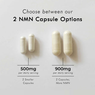 Image showing two dosage options for Neurogan NMN capsules: 500mg small capsules and 900mg larger capsules per daily serving option