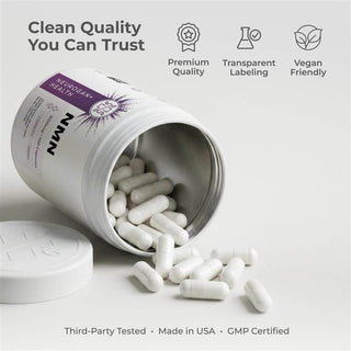 NMN Capsules 500MG in a container, highlighting clean quality, premium and vegan-friendly features.