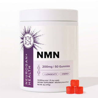 NMN Gummies container featuring 200mg per gummy for longevity and energy support, 50ct vegan gummies.