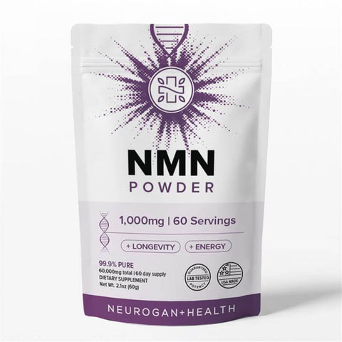 Neurogan Health NMN Powder packaging with 1,000mg, designed for longevity and energy, 99.9% pure dietary supplement.