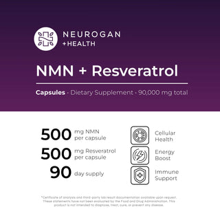 NMN + Resveratrol Capsules info card highlighting cellular health, energy boost, and immune support*, 100% vegan, 90-day supply.