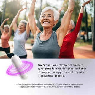 Seniors stretching outdoors symbolizing NMN and Resveratrol for improved absorption and cellular health, in a convenient capsule.