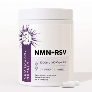 NMN + Resveratrol Capsules in a white container with 1200mg and 90 capsules, supports cardiovascular health.