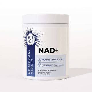 NAD+ Capsules container with 900mg per serving, supporting longevity and cell energy for healthy aging.