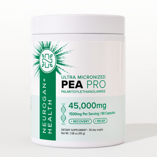 Front view of a white Neurogan Health Ultra Micronized PEA Pro (Palmitoylethanolamide) tub with a green starburst label reading '45,000mg', '1500mg Per Serving | 90 Capsules', '+Recovery', '+Relief', 'Dietary Supplement, 30 day supply, Net Wt. 1.58 oz (45 g)'.
