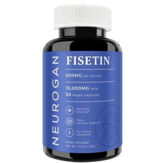 Neurogan Health Fisetin capsules in a blue-labeled bottle, white cap, 15,000mg total Fisetin, 500mg per serving, 30 capsules.