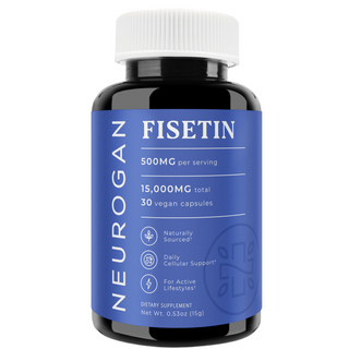 Neurogan Fisetin capsules in a blue-labeled bottle, white cap, 15,000mg total Fisetin, 500mg per serving, 30 capsules.