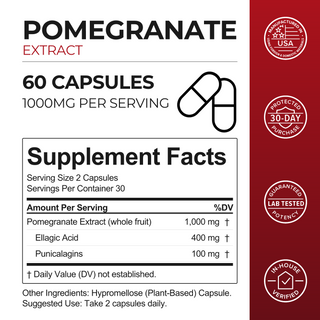 Supplement Facts for Neurogan Health Pomegranate Extract: 2 capsules per serving, 1,000mg extract, 400mg ellagic acid, 100mg punicalagins, 30 servings