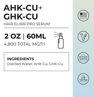 AHK-CU + GHK-CU Hair Serum Pro 2 oz hair elixir pro serum ingredients and specifications.