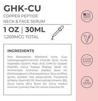 GHK-Cu Copper Peptide Neck & Face Serum ingredient list and usage details for skincare