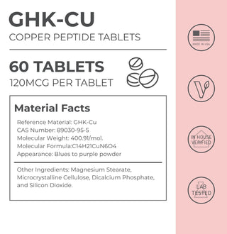 GHK-Cu Copper Peptide Tablets product information with ingredient details and dosage instructions.