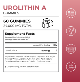 Urolithin A Gummies Supplement Facts showing 60 gummies, 24,000mg total, 400mg per serving, plus full ingredient list.