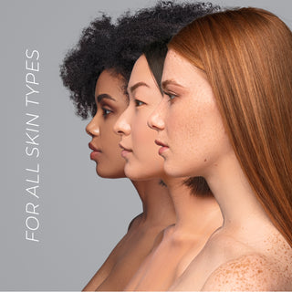 Side profiles of three diverse women, highlighting suitability of the cream for all skin types.