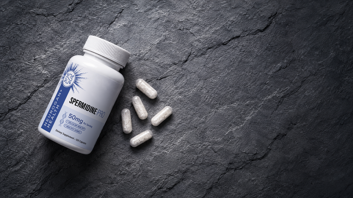 Spermidine Pro Capsules bottle lying on lilac slate beside capsules