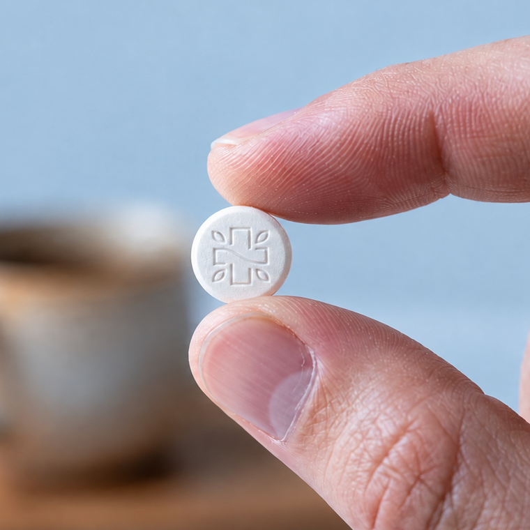 A Spermidine tablet held between two fingers in morning light