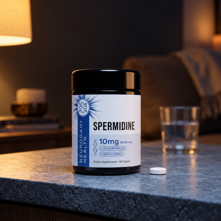 Spermidine Tablets jar beside a glass of water in evening lamp light