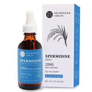Neurogan Spermidine Drops 20mg per serving in a dropper bottle with wild berry flavor and packaging.