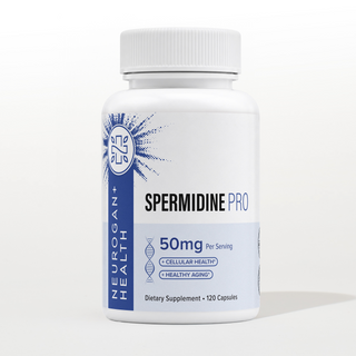 Front-facing product shot of Neurogan Health Spermidine Pro in a white bottle with a blue starburst label reading '50mg Per Serving' with '+CELLULAR HEALTH' and '+HEALTHY AGING' badges and 'Dietary Supplement • 120 Capsules' on a white background.