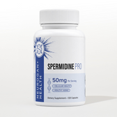 Front-facing product shot of Neurogan Health Spermidine Pro in a white bottle with a blue starburst label reading '50mg Per Serving' with '+CELLULAR HEALTH' and '+HEALTHY AGING' badges and 'Dietary Supplement • 120 Capsules' on a white background.