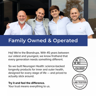 Group photo of the four Neurogan Health co-founders (the Brandrup family) smiling with arms around each other outside the company's office, under a 'Family Owned & Operated' banner with text beginning 'Hej! We're the Brandrups' describing Neurogan Health's science-backed longevity products, alongside USA Made and Guaranteed Lab Tested Potency seals.