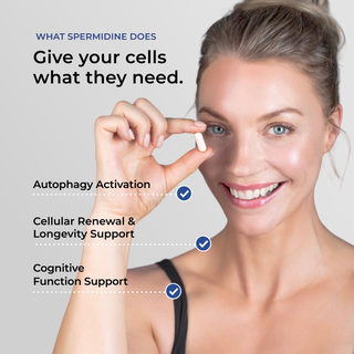 'What Spermidine Does: Give your cells what they need' graphic showing a smiling woman holding a Spermidine Pro capsule near her eye, with checkmarked callouts for Autophagy Activation, Cellular Renewal & Longevity Support, and Cognitive Function Support.