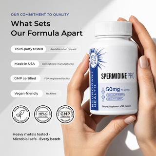 'What Sets Our Formula Apart' quality graphic for Neurogan Health Spermidine Pro listing Third-party tested, Made in USA, GMP certified, and Vegan-friendly with Vegan Friendly, HPLC Certified, and GMP Certified badge icons and 'Heavy metals tested · Microbial safe · Every batch' text, beside two hands cradling the Spermidine Pro bottle.