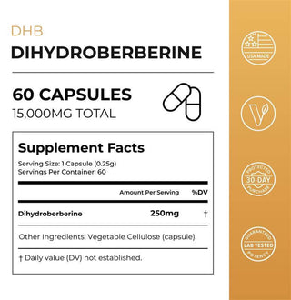 Dihydroberberine Capsules supplement facts and label showing 60 capsules, 15,000mg total, USA made.