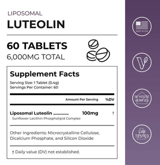 Liposomal Luteolin supplement facts, 60 tablets, 100mg of Liposomal Luteolin per tablet, made in USA.