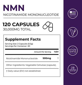 NMN Capsules 500MG supplement facts label including 120 capsules and dosage information.