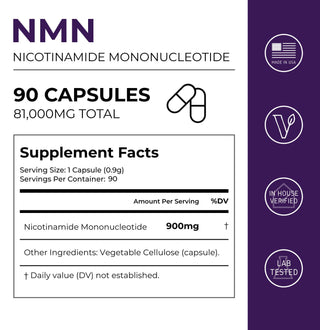 NMN Capsules 900mg supplement facts label with dosage information and ingredient details.