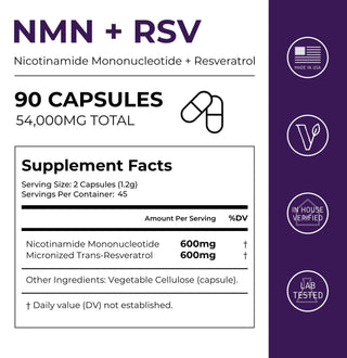 NMN + Resveratrol Capsules supplement facts with 90 capsules and 54,000mg total, lab tested and made in USA.