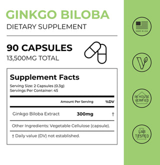 Ginkgo Biloba Capsules supplement facts, 13500mg total, 300mg per two capsule serving.