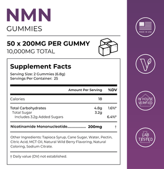 NMN Gummies supplement facts label with 200mg per gummy dosage and vegan ingredients.