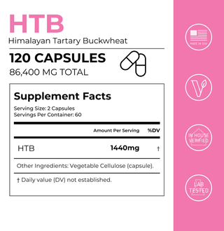 HTB capsules supplement facts label, 120 capsules, 86,400mg total, 1,440mg per serving, made in USA, lab tested.