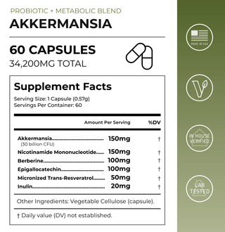Akkermansia Probiotic 60 capsules supplement facts label with dosage and ingredients information.
