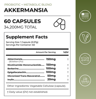 Akkermansia Probiotic 60 capsules supplement facts label with dosage and ingredients information.