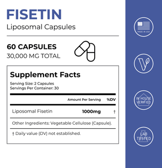 Liposomal Fisetin Capsules supplement facts, 30,000mg total, 2 capsules per serving, full ingredient list.