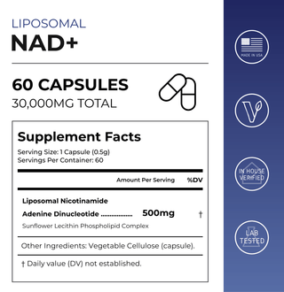 Liposomal NAD+ Capsules Supplement Facts 60 capsules, 30,000mg total, with 500mg per serving for enhanced absorption.
